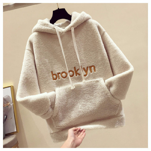 Autumn and winter new lamb cashmere sweater Korean version student loose hooded top Plush thickened warm jacket female