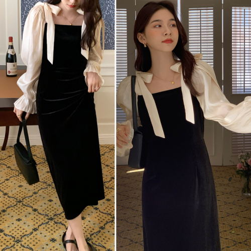 Real shot French retro temperament elegant square neck black velvet high waist dress