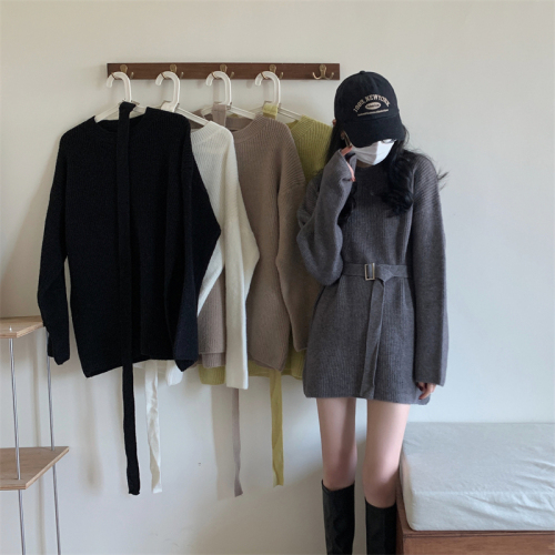 Real shooting real price autumn and winter Korean loose sweater short skirt lazy wind wear medium and long waist sweater women