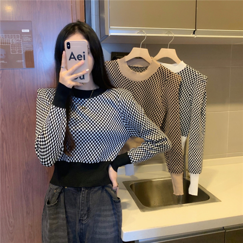Real price round neck Pullover contrast check Long Sleeve Sweater Top loose Casual Short sweater women