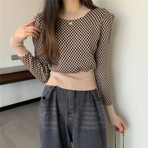Real price round neck Pullover contrast check Long Sleeve Sweater Top loose Casual Short sweater women