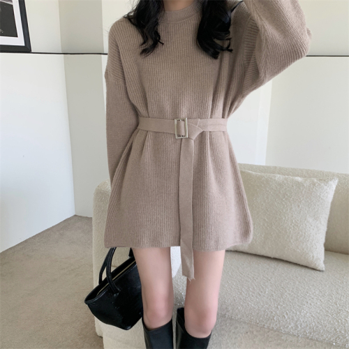Real shooting real price autumn and winter Korean loose sweater short skirt lazy wind wear medium and long waist sweater women