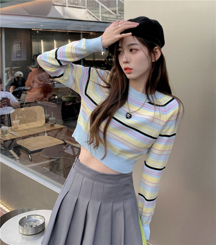 Real price real shot spring new ~miumiu same stripe color matching age reducing short sweater top