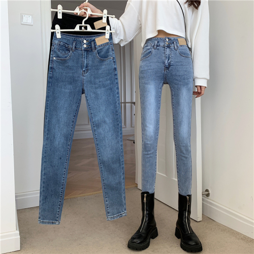 Real shot Korean spring style high and thin jeans elastic high waist two button calf jeans in fashion