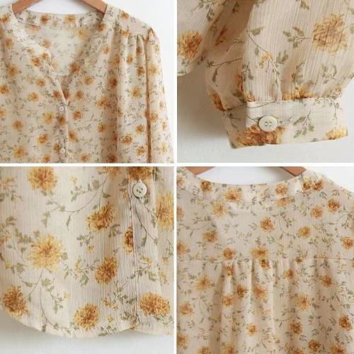 Spring new fashion long sleeve Floral Chiffon shirt women's thin foreign style printed V-neck small fragrance bottomed shirt Fairy