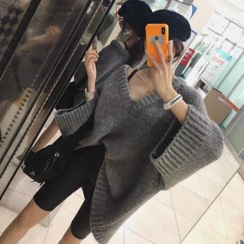Loose V-Neck Sweater women's  new autumn and winter outerwear Pullover lazy medium long versatile sweater top