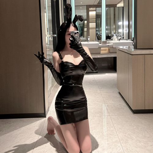 Real shooting sexy European and American tight slim leather skirt low breast dress women