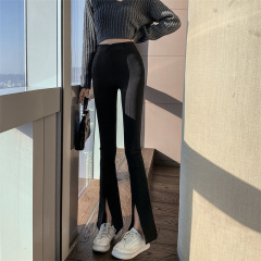 Real shot real price elastic split flared pants new design feeling slim Korean high waist casual pants