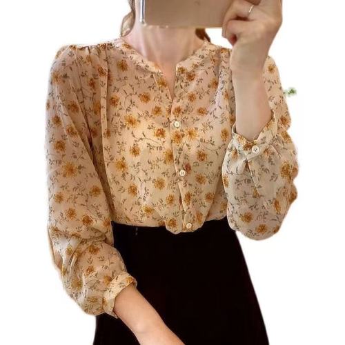 Spring new fashion long sleeve Floral Chiffon shirt women's thin foreign style printed V-neck small fragrance bottomed shirt Fairy