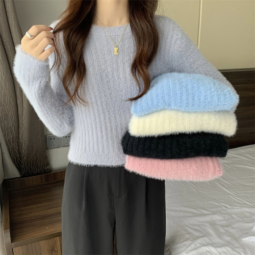 Real price autumn and winter new gentle style versatile loose soft waxy long sleeve short knitted sweater