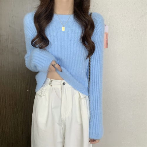 Real price autumn and winter new gentle style versatile loose soft waxy long sleeve short knitted sweater
