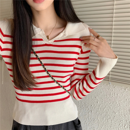Real price lazy polo collar stripe contrast color long sleeve knitted bottomed shirt T-shirt women's sweater