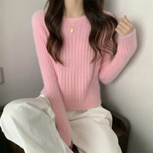 Real price autumn and winter new gentle style versatile loose soft waxy long sleeve short knitted sweater