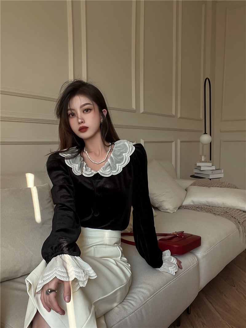 Real price real shooting Korean design sense of minority French retro velvet lace collar thin long sleeve shirt top