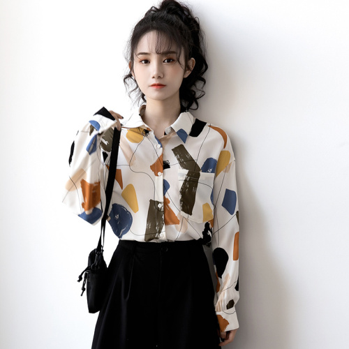 2022 spring new print shirt Female Minority design sense spring and autumn long sleeve student retro Hong Kong style white shirt