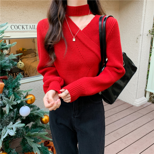 Real shooting, real price Korean version, design sense, cross neck knitted sweater top, female