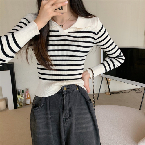 Real price lazy polo collar stripe contrast color long sleeve knitted bottomed shirt T-shirt women's sweater