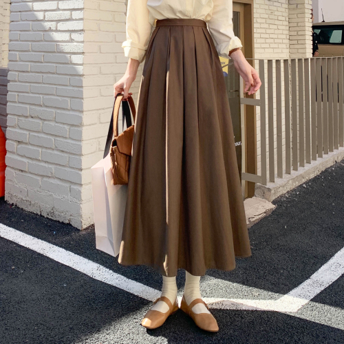 Real shot Korean chic high waist skirt women's 2021 new slim medium length large swing A-line pleated skirt