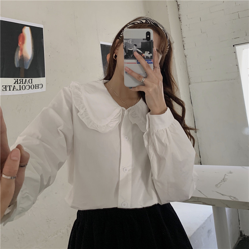 Real price real shooting sweet fungus edge baby collar shirt Korean new design sense niche long sleeve top