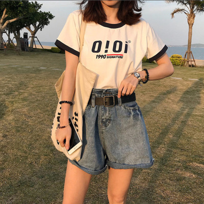  spring summer new chic retro Ximu Printing College style contrast short T-shirt women's Short Sleeve Top