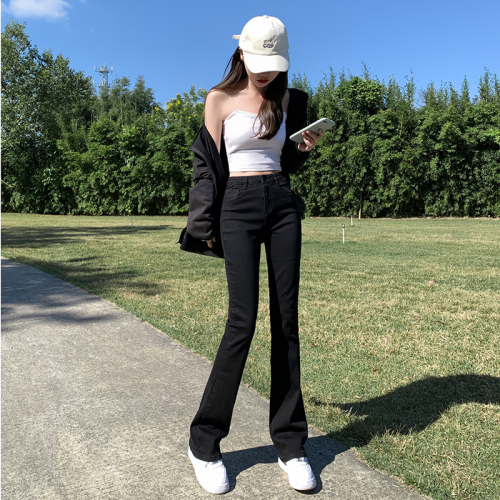 Real shot Caramel tall simple and generous design style high waist thin wide leg pants elastic fashion