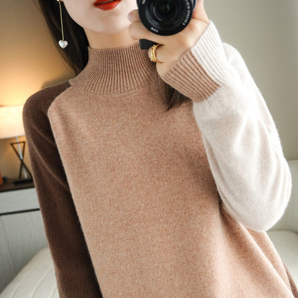 Autumn and winter 2021 new sweater women's 100% pure wool sweater color matching half high neck Pullover cashmere sweater