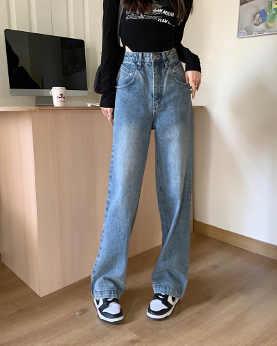 Real price: Spring 2022 new design jeans women's high waist straight tube thin loose floor mops
