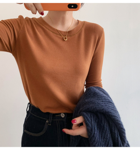 German velvet bottomed shirt female spring and autumn foreign style inside with spring and autumn frosted white Long Sleeve T-Shirt New Round Neck Top