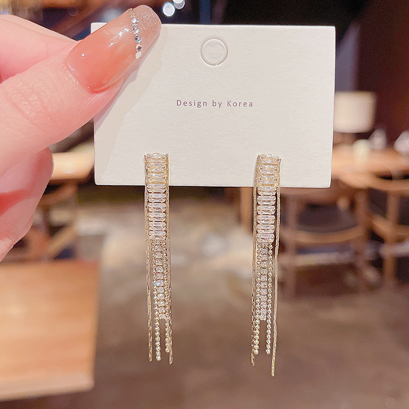 Japanese and Korean light luxury long Tassel Earrings women's Micro inlaid Zircon Earrings S925 silver needle Earrings