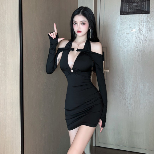 Real shot ~ long sleeve hollow out one-line collar hanging neck two-piece set sexy low chest slim fit hip wrap dress women