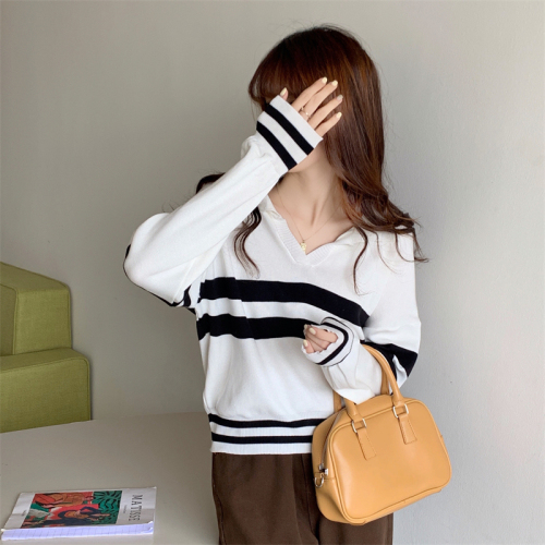 Real shooting real price autumn and winter new Korean women's thin polo collar stripe long sleeve sweater