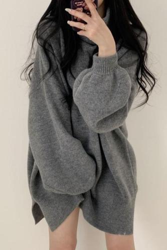 Real price high neck bubble sleeve sweater Korean loose large medium and long hem split knit top