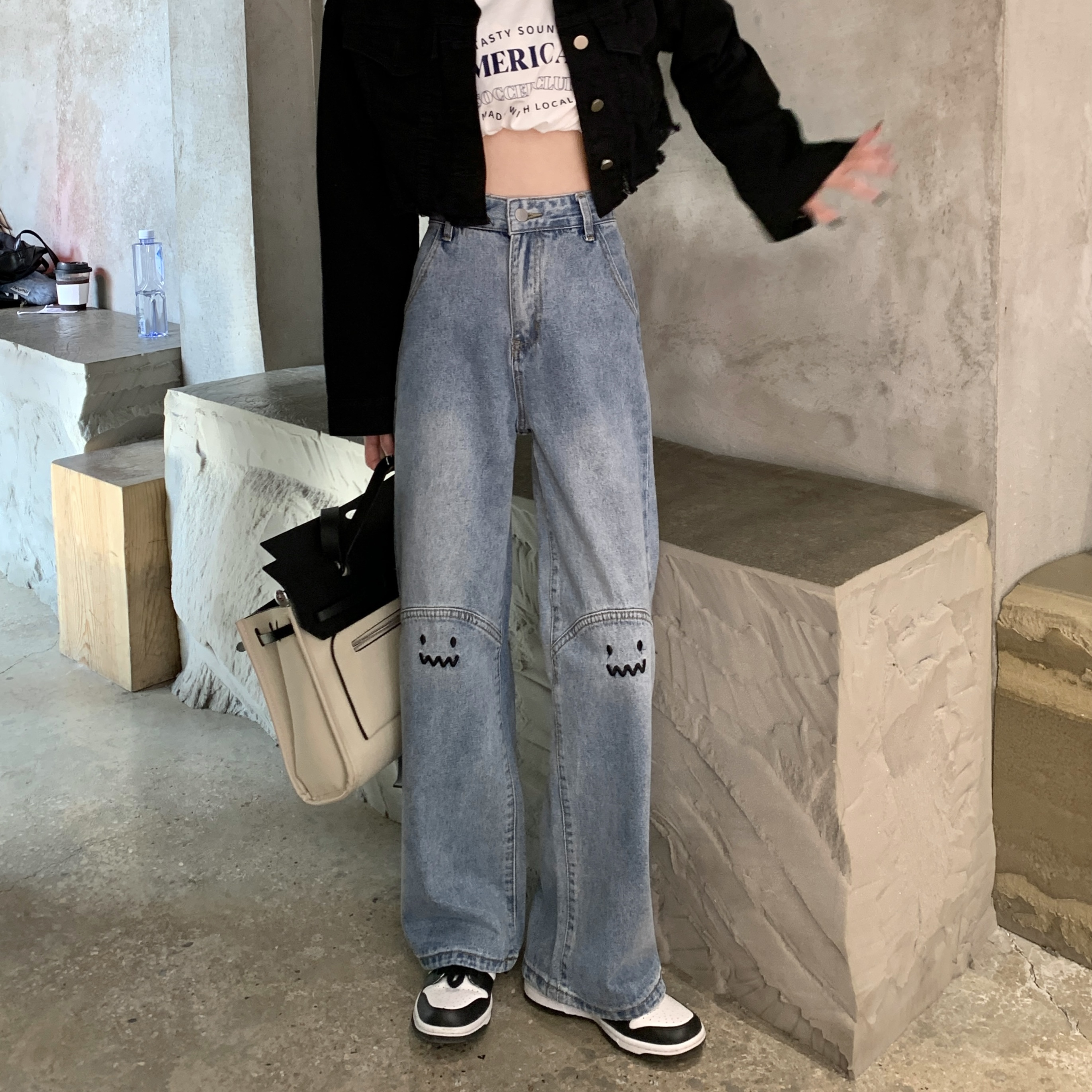Real price high waist loose straight tube thin smiling face cute age reducing jeans