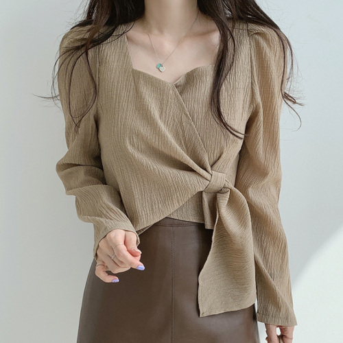 Spring 2022 new French minority autumn dress loose and thin versatile top knotted long sleeve Square Neck Shirt women's fashion