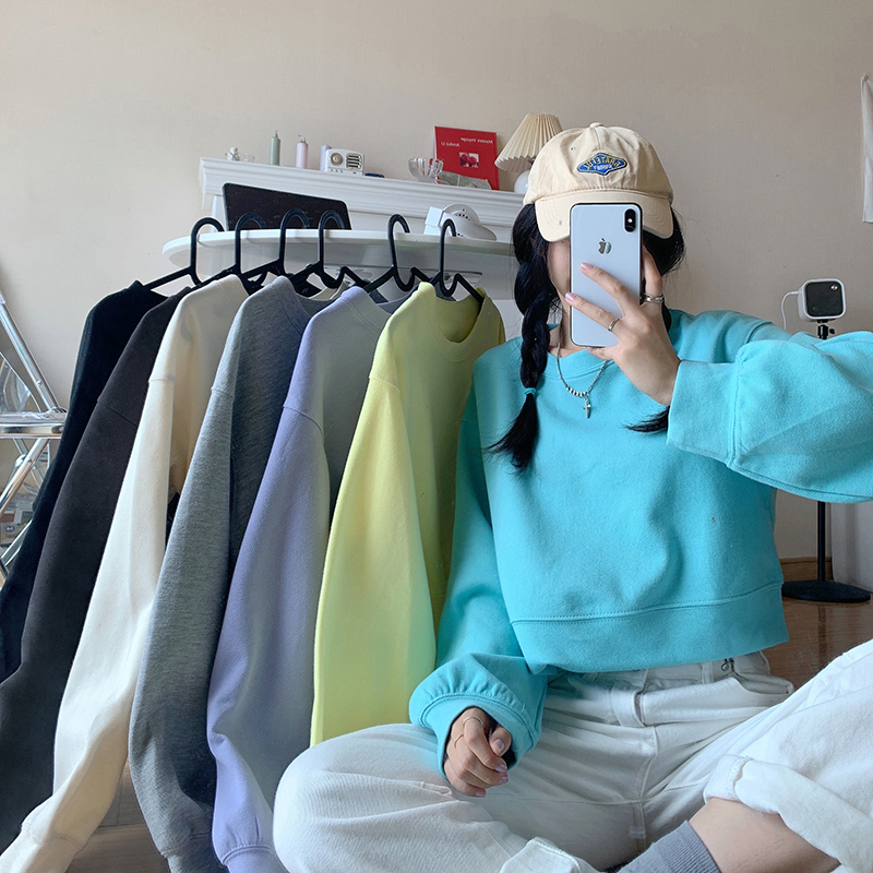 Actual shooting of the trend of new short round neck thin women's blouse in spring and Autumn