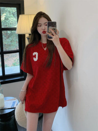 Real shooting real price autumn and winter new loose thickened medium and long bottomed solid color top letter check short sleeve T-shirt women