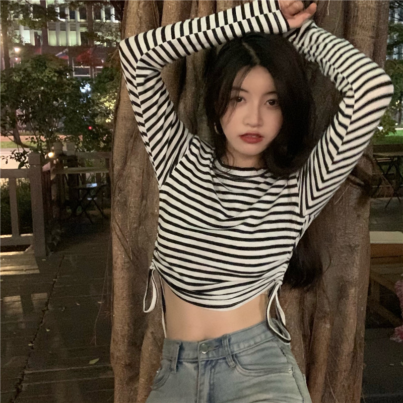 Real shot real price design sense drawstring blue stripe long sleeve T-shirt round neck Pullover bottomed Shirt Short blouse women