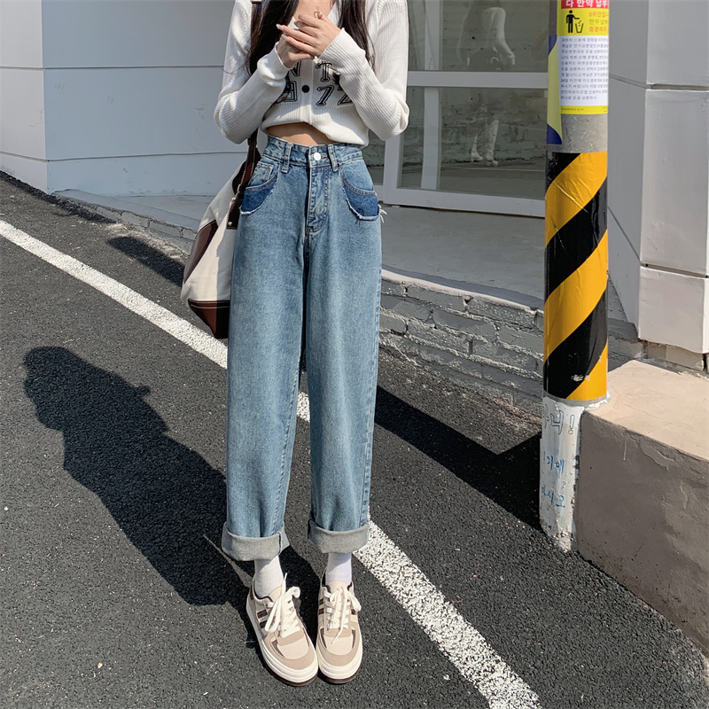 Real price spring and autumn irregular pocket loose wide leg casual cowboy trousers women