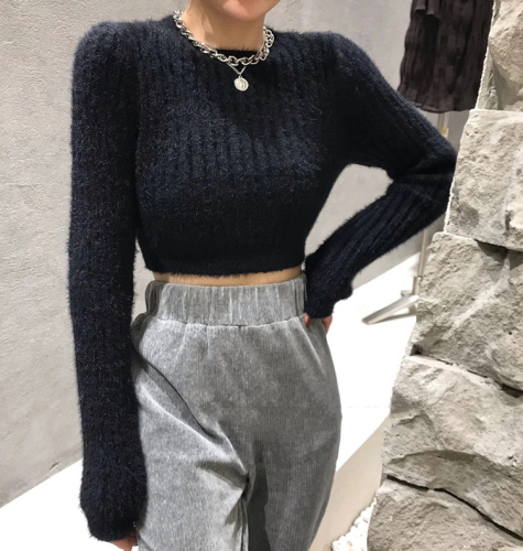 Mink sweater women's autumn and winter new slim bottomed shirt short open navel with long sleeve foreign style sweater