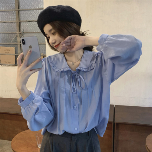 Real price! Early spring design Korean version folding lace up shirt sweet doll collar Long Sleeve Shirt