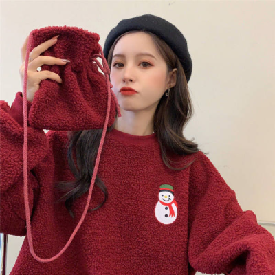 Send satchel Plush thickened sweater women's winter new red imitation cashmere student versatile coat
