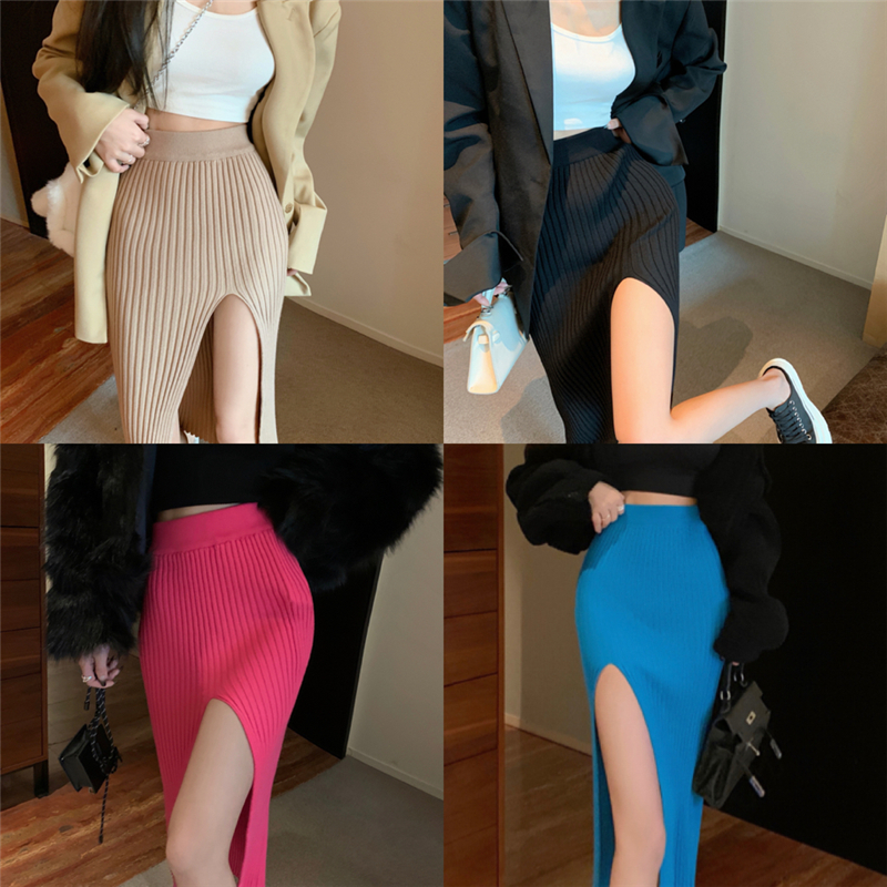 Real shooting real price split skirt slim hot girl sexy knitted skirt winter pure desire wind high waist temperament skirt