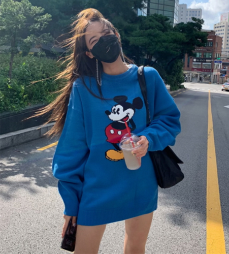 Foreign style fashion lazy style coat Pullover Sweater women's cartoon loose medium and long wool dress