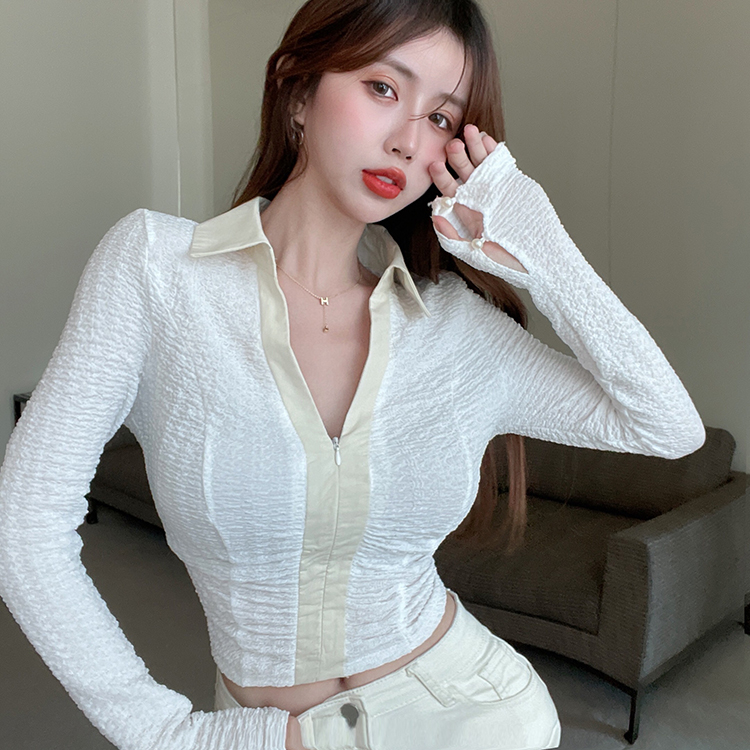 Real price V-neck zipper color blocking slim long sleeve shirt