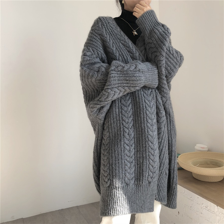 Autumn and winter new style outer wear medium and long knitted cardigan retro fashion simple thickened loose twist sweater coat women