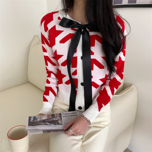 Real price autumn and winter retro Korean bow round neck design sense of minority sweater knitted cardigan coat
