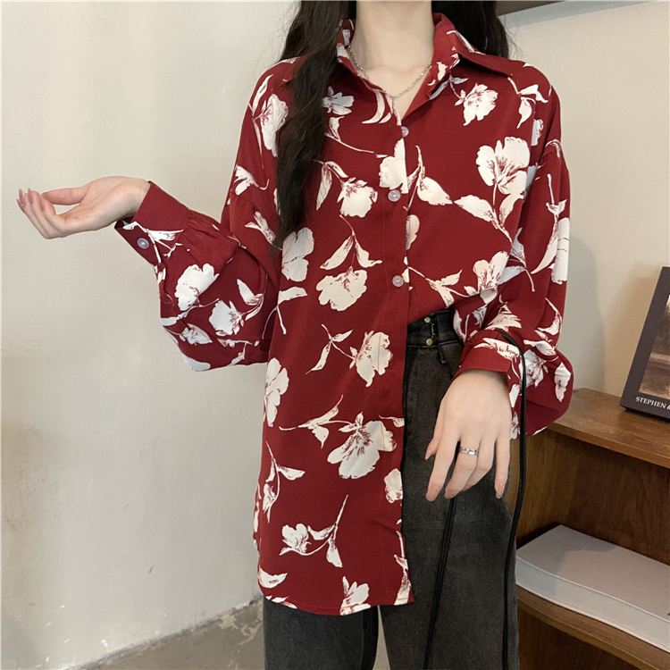 Real price real shooting French retro printing design sense of minority autumn thin long sleeve Flower Chiffon shirt women