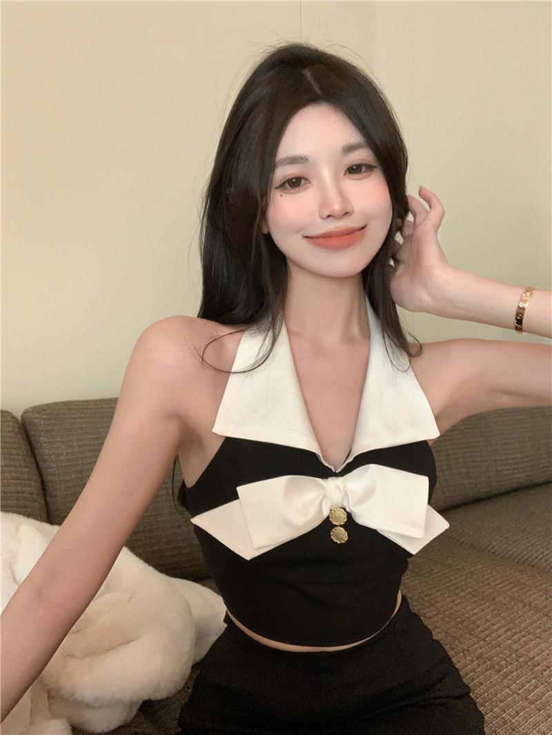 Real price hanging neck shirt collar off shoulder bow vest suspender shirt base