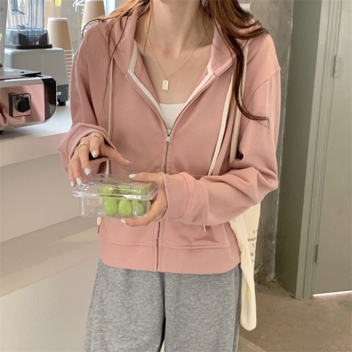 Real shot pearl ground cotton spring and autumn Korean version new versatile zipper short solid color sweater cardigan hooded small coat women