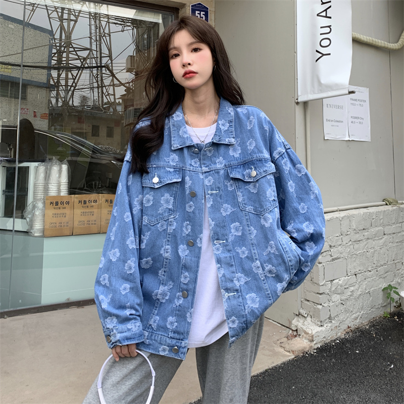 Real shot cowboy coat women's spring and Autumn New Korean loose Hong Kong Style printed work clothes top